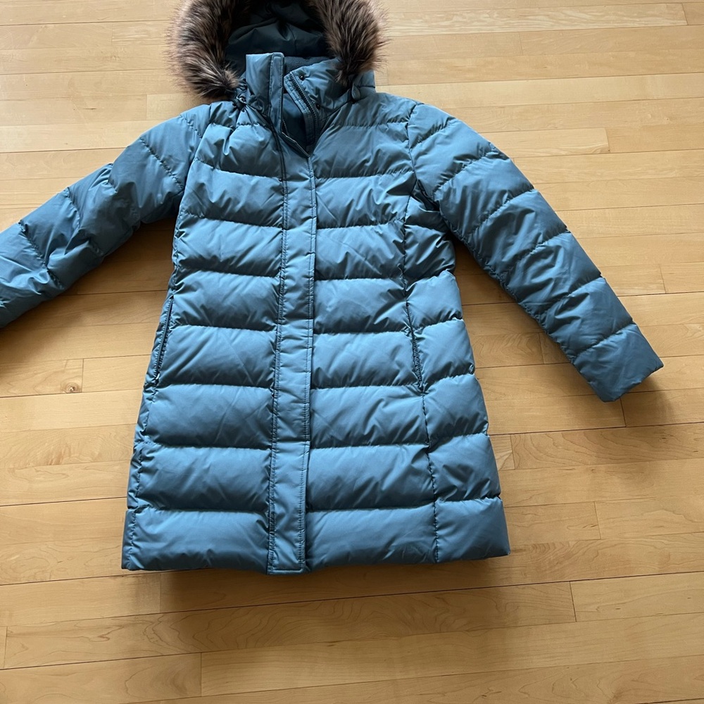 Lands' End Peacock Blue Puffer Jacket with Faux Fur Trim and long length